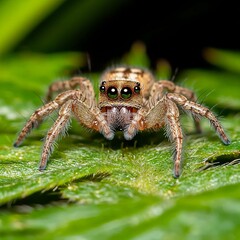 Closeup of a Jumping Spider on a Green Leaf