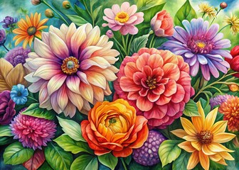 Fototapeta premium Watercolor Flower Art, High Depth of Field, Botanical Illustration, Floral Painting, Vivid Colors, Detailed Petals, Close-up Flowers, Nature Photography, Fine Art Print, Beautiful Blooms