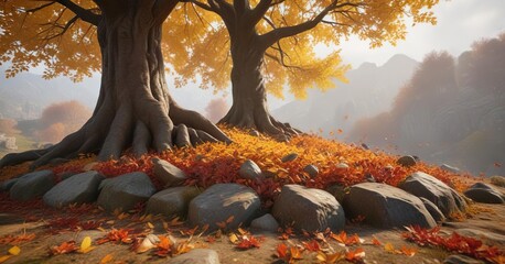 Autumn leaves scatter around the base of the tree on the hill , fall, autumn