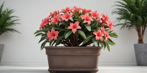 Beautifully styled Adenium plant in a large planter on a white surface, interior decoration, plant styling