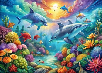Obraz premium Watercolor Ocean Wildlife: Serene Sea Animal Paintings, Artistic Aquatic Life, Underwater World Art