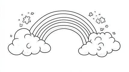 A simple line art drawing of a rainbow with clouds and stars.
