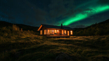 A house in the middle of a valley with a beautiful view of the Northern Lights at night.