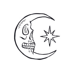 Obraz premium Hand drawn black and white sketchy crescent moon with skull face and star isolated on white background. Doodle skeleton head tattoo design