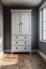 White armoire with three drawers in a room with hardwood floors.