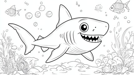 Obraz premium A simple line drawing of a cartoon shark with big eyes swimming in the ocean with coral, seaweed, and fish.