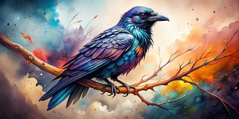 Fototapeta premium Watercolor Raven Tattoo Design: Dark Bird Ink Art, Gothic Raven Tattoo Ideas, Raven Wing Tattoo, Bird Tattoo Designs
