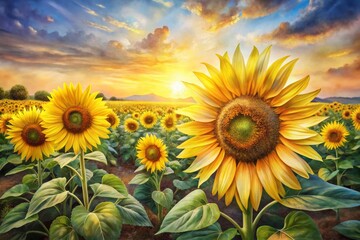 Fototapeta premium Watercolor Sunflower Painting, Vibrant Sunflowers, Artistic Sunflower Photography, Sunflowers Watercolor Art, Beautiful Sunflower Image