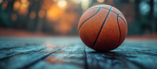 Basketball on wooden surface at sunset.