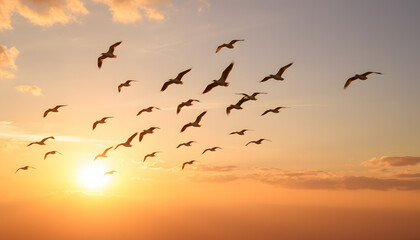 Obraz premium Graceful Flock of Birds Gliding Through a Golden Sunset