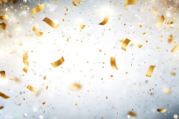 A festive background with golden confetti falling against a soft, light backdrop.