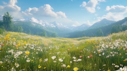 Fototapeta premium Wildflowers, mountains, serene, sunny.