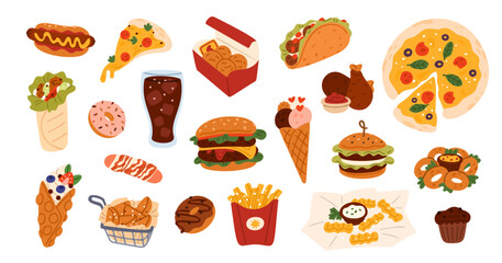 Cartoon fast food. Street meal. Junk snacks. Unhealthy products. Pizza and burger. Ice cream. Cola and French fries potato. Fat and cholesterol. Obesity and diabetes. Garish vector set