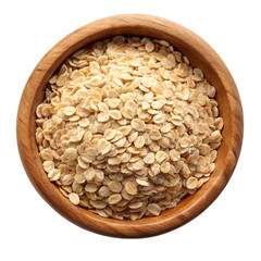 rolled oats in wooden bowl top view isolated on transparent background