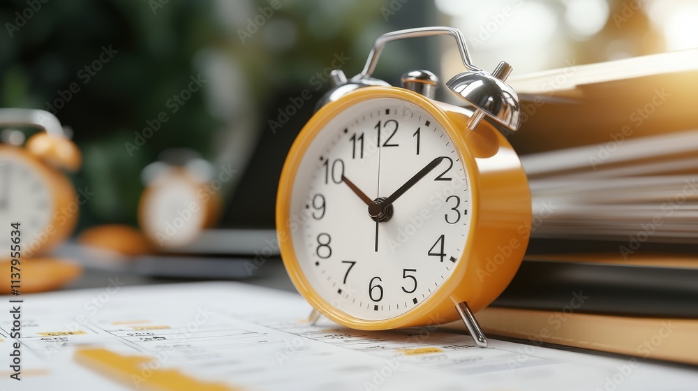 Poster artistic representation of time management strategies featuring classic alarm clock and organization