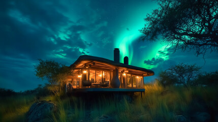 A house in the middle of a valley with a beautiful view of the Northern Lights at night.