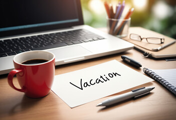 A note on the office desk with the text vacation