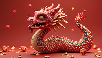 Fototapeta premium a 3d model of red and gold oriental dragon on a red background