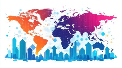 Abstract global business concept with graphs and upward arrows depicting economic growth, international market trends