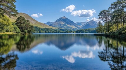 Fototapeta premium Lake reflects mountains, trees. Calm, peaceful.