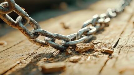 Close-Up of Rusty Metal Chain Over Weathered Wooden Surface, Capturing the Intricate Details of Link Edges and Natural Textures in Soft Lighting
