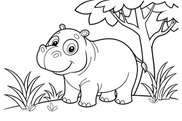 cute Hippopotamus, some grass and a tree, coloring book