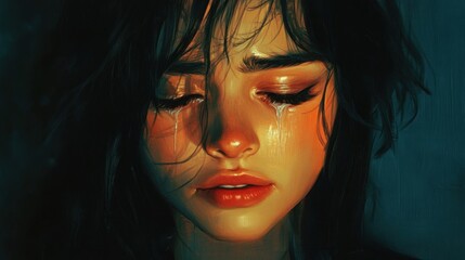 Obraz premium Woman crying, dark background,sadness.