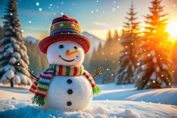 Fototapeta premium Winter Snowman Photo: Happy Snowman in Snow, Festive Hat & Scarf, Holiday Cheer, Christmas Decoration, Snow Scene, Winter Wonderland, Snow Day