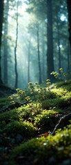 Obraz premium Low-light shot of forkmoss or Dicranum growing in a shaded forest area, woodland shadows, shaded forest, outdoor lighting conditions