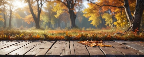 Overgrown autumnal background with a blurred wooden surface , natural elements, overgrown vegetation