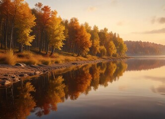 Reflections of golden light dance on the Volga River banks as autumn colors unfold, color, hillside, golden light
