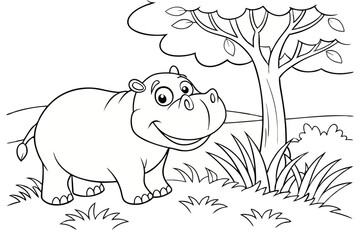 cute Hippopotamus, some grass and a tree, coloring book