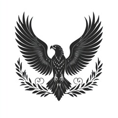 Fototapeta premium Majestic eagle with wings spread, perched atop olive branches.