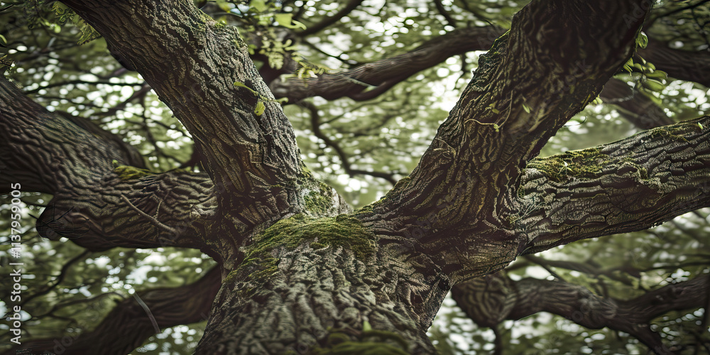Aufkleber low-angle view of tree trunk with moss and branching structure