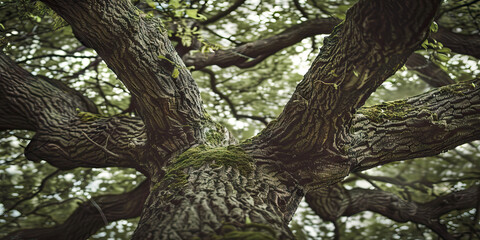 Low-Angle View of Tree Trunk with Moss and Branching Structure