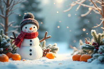 Obraz premium Snowman with cheerful expression surrounded by oranges and winter background