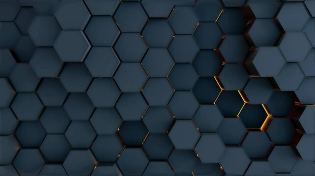 A black and orange hexagonal pattern. The pattern is made up of many small squares. The squares are arranged in a way that creates a sense of depth and texture. Scene is one of complexity