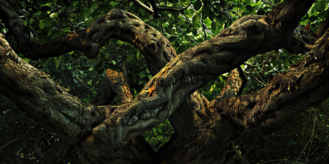 Intertwined Tree Branches with Green Foliage
