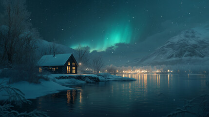 A house in the middle of a valley with a beautiful view of the Northern Lights at night.