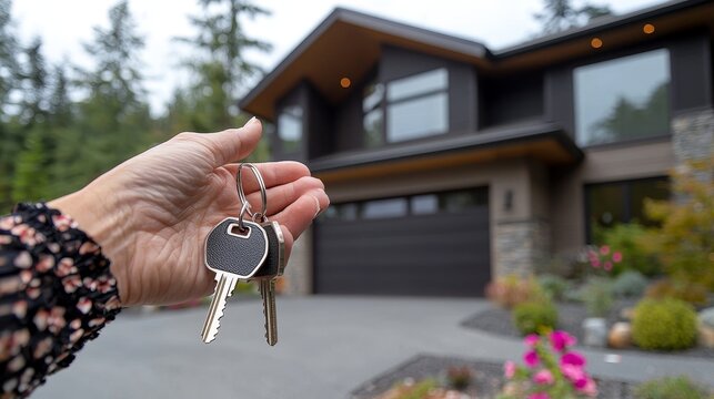 Person Holding House Keys in Front of Modern Home Surrounded by Lush Greenery and Colorful Flowers, Symbolizing New Beginnings and Home Ownership