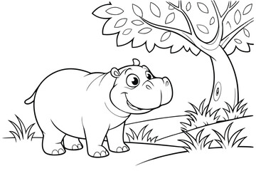 cute Hippopotamus, some grass and a tree, coloring book