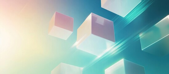 Abstract pastel cubes floating in teal light streaks.