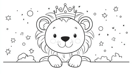 A line drawing of a cute cartoon lion wearing a crown.