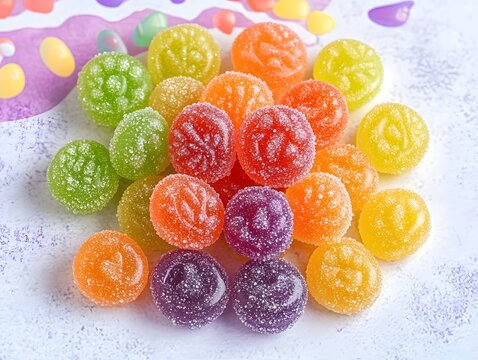 A colorful assortment of gummy candies arranged on a surface.