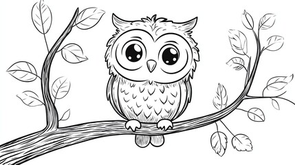 A line drawing of a cute cartoon owl sitting on a tree branch.