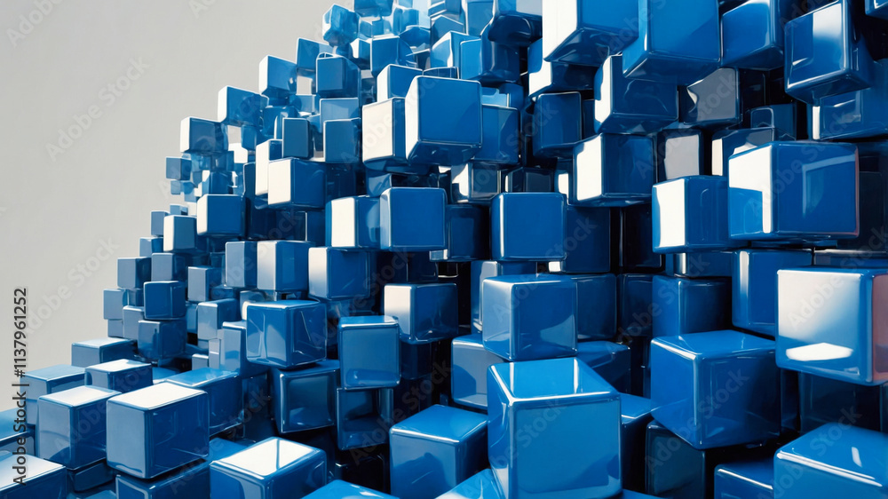 Poster abstract technology composition of a cluster of three-dimensional cubes in varying shades of blue
