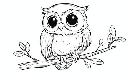 A line drawing of a cute cartoon owl sitting on a branch.