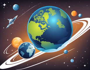 Space Earth and Planet Background with Satellite Pro Vector background