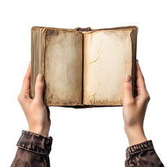 Open Vintage Book Held by Hands with White Background