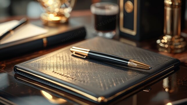 A pen sits on top of a leather bound book